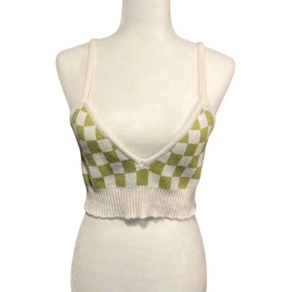 Kendall & Kylie green and white checked knit cotton spaghetti strap cropped tank